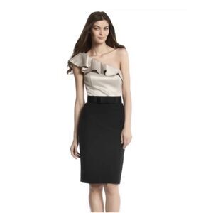 White House Black Market Tan Black One Shoulder Cocktail Dress Size 0